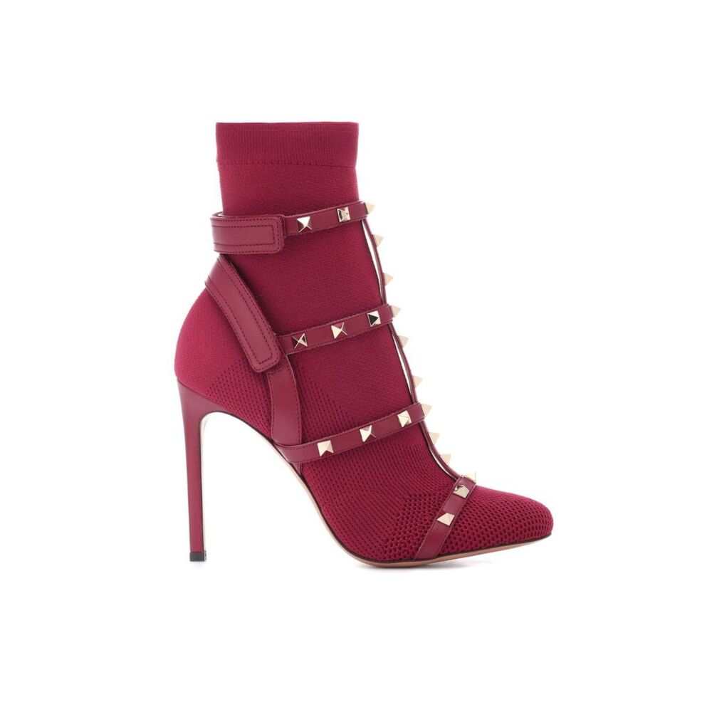 Valentino Rockstud Bodytech Knit Sock Boot Heels Rubino Burgundy 39.5